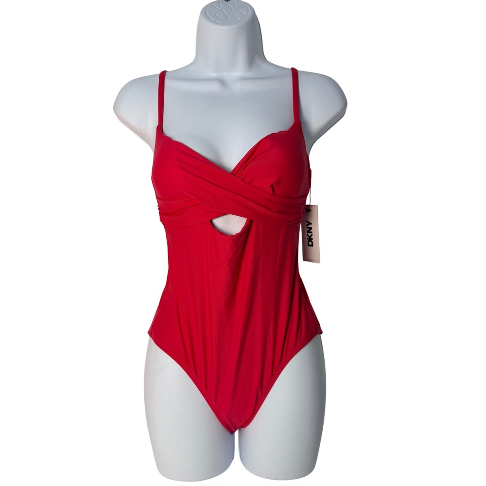 DKNY Womens Pink Fucsia Wrap Front Keyhole One Piece Swimsuit  UPF 40+ - Picture 1 of 7